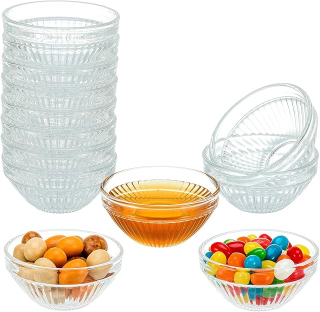10 Set Mini Glass Prep Bowls, 2.5oz Ribbed Small Bowls Stackable Ingredient Bowls Clear Ramekins Pinch Bowl for Measuring Spices Dipping Sauces