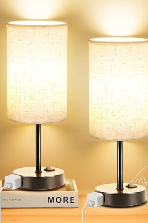 ZJOJO Table Lamp for Bedroom Set of 2, Bedside Small Lamps with 3 Way Dimmable Rocker Switch and AC Outlet, Nightstand Desk Lamp with Flaxen Fabric Shade Black Base for Living Room Home Decor Lights