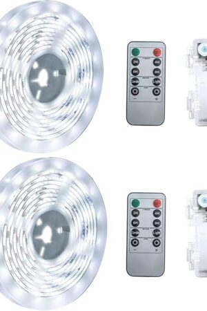 Battery Powered LED Strip Lights, White, with Remote, 13.2ft, 240 LEDs, Waterproof, Dimmable, Timer, for Parties, Weddings, Kitchen, Christmas. Includes 2 Rolls of 6.6 ft Each.