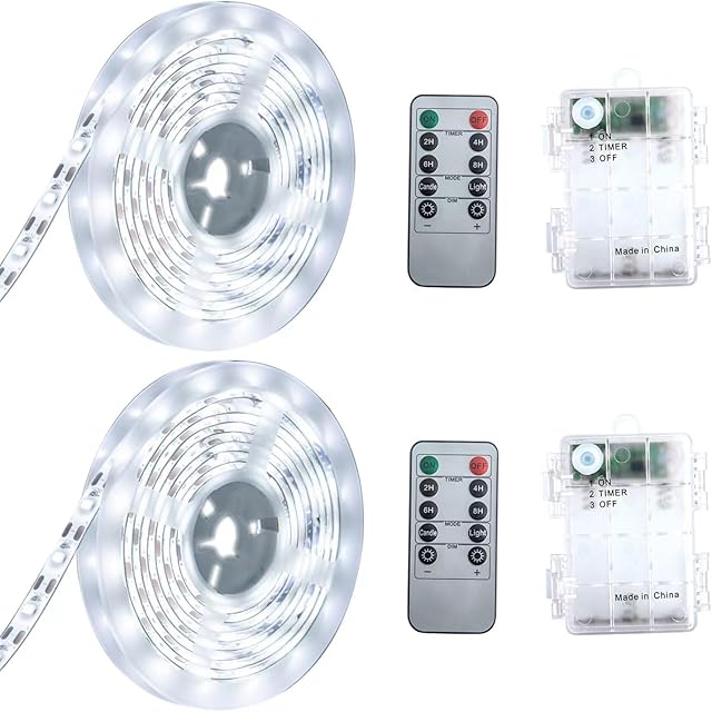 Battery Powered LED Strip Lights, White, with Remote, 13.2ft, 240 LEDs, Waterproof, Dimmable, Timer, for Parties, Weddings, Kitchen, Christmas. Includes 2 Rolls of 6.6 ft Each.
