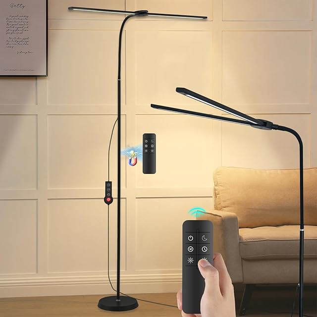 LED Floor Lamp with Remote, 24W 2400LM Dimmable Standing Light with Double Heads and Adjustable Gooseneck, Modern Tall Lamp for Bedroom, Office, Living Room, Eyelash Extensions & Crafting