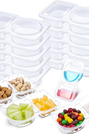 10 Pcs 5 oz Double Compartment Snack Containers with Lids Clear 2 Compartment Small Disposable Plastic Snack Box Container for Sauce Salad Travel Sampling