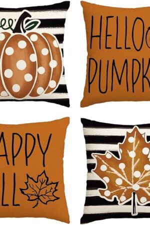 AVOIN colorlife Happy Fall Hello Pumpkin Throw Pillow Covers, 18 x 18 Inch Autumn Thanksgiving Harvest Polka Dot Maple Leaf Decorations for Sofa Couch Set of 4