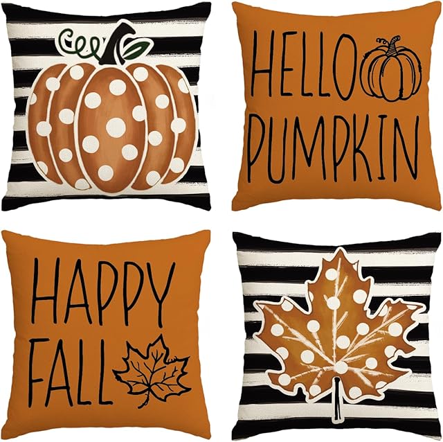 AVOIN colorlife Happy Fall Hello Pumpkin Throw Pillow Covers, 18 x 18 Inch Autumn Thanksgiving Harvest Polka Dot Maple Leaf Decorations for Sofa Couch Set of 4