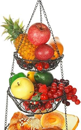 3 Tier Hanging Basket with Sturdy Metal Chain Hanging Hooks Fruit and Vegetable Basket Heavy Duty Wire Organizer Space Saving Rustic Country Style Kitchen Storage