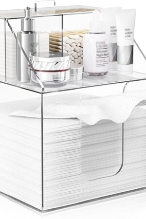 Disposable Facial Towels Storage Box Compatible with Clean Skin Club Clean Towel XL - Cotton Pads - Swabs Upgraded Double Layer Acrylic Storage Container Face Towel Holder (Glossy Clear)