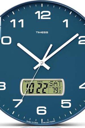Wall Clock, 12" Dial Non-Ticking Silent Battery Operated Analog with LCD Display for Perpetual Calendar and F° Temperature, Ideal Modern Home, Bedroom, Kitchen, Office Decor (Blue)