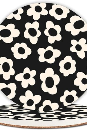 Absorbent Car Coasters 2 Pack for Cup Holders, 2.56" Ceramic Stone & Non-Scratch Cork Base Drink Coasters(White Flower)