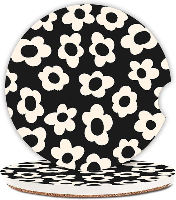 Absorbent Car Coasters 2 Pack for Cup Holders, 2.56" Ceramic Stone & Non-Scratch Cork Base Drink Coasters(White Flower)