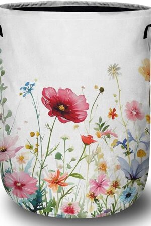Watercolor Wildflowers Laundry Basket, Floral Laundry Hamper Collapsible Oxford Cloth with Handle Clothes Toy Storage Bin for Bathroom Laundry Room Bedroom 15.7 X 20 Inch