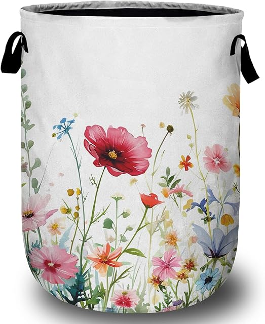 Watercolor Wildflowers Laundry Basket, Floral Laundry Hamper Collapsible Oxford Cloth with Handle Clothes Toy Storage Bin for Bathroom Laundry Room Bedroom 15.7 X 20 Inch