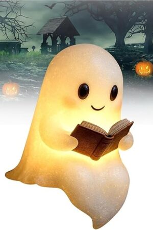 Cute Ghost Reading Book Lamp, 3D Resin Halloween Ghost Night Light, Ghost Warm Lighted Indoor Figurine Lamps for Party Bedroom Study Room Funny Indoor 3D LED Nightlight Figurine(6 inch)