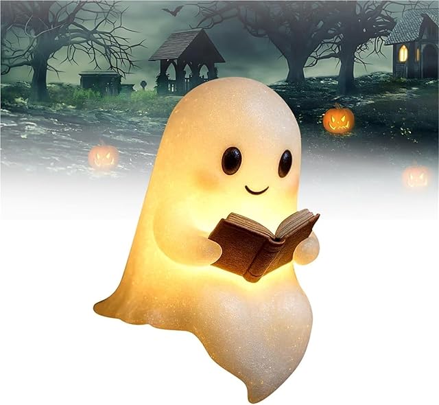 Cute Ghost Reading Book Lamp, 3D Resin Halloween Ghost Night Light, Ghost Warm Lighted Indoor Figurine Lamps for Party Bedroom Study Room Funny Indoor 3D LED Nightlight Figurine(6 inch)