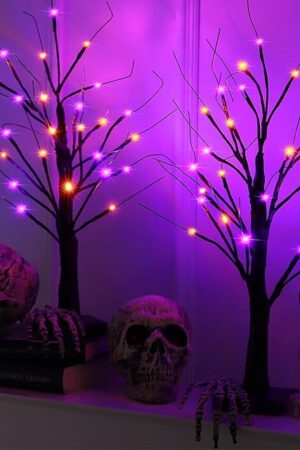 2 Pack 24 Inch Halloween Black Spooky Tree with Orange & Purple Lights, USB&Battery Operated Tabletop Halloween Black Tree with Timer for Indoor Home Holiday Party Decorations
