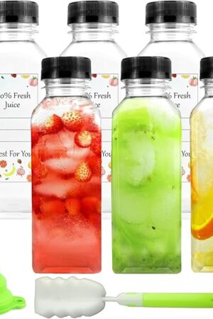12 oz Plastic Juice Bottles with Caps, 6 Pcs Reusable Juice Bottles with Black Tamper Leak Proof Lids, Brush, Funnel and Labels, Clear Container for Juicing, Smoothie, Drinking and Homemade Beverages