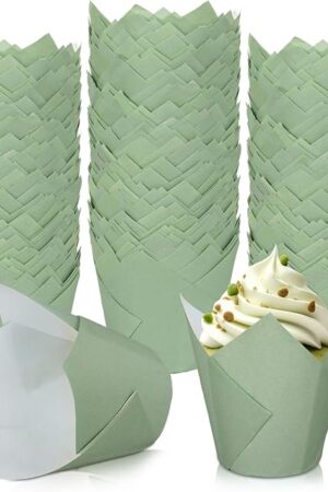 Whaline 200Pcs Sage Green Tulip Cupcake Liners Green Muffin Baking Liners Tulip Cupcake Wrappers Baking Cup for Bridal Baby Shower Wedding Birthday Party Decor