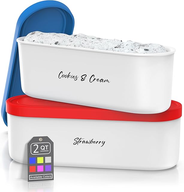 Ice Cream Containers - 2 Quart Ea. (Set of 2) - Premium Reusable Freezer Storage for Homemade Ice Cream Tub for Sorbet, Frozen Yogurt - Flexible Silicone Lids, Long Scoop, Stackable - Blue & Red
