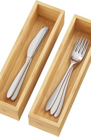 BAMEOS Kitchen Drawer Organizer,Small Silverware Drawer Organizer,Bamboo Utensil Organizer for Bathroom, Dressing Room, Office, Pantry (Natural, 11"x 3") Set of 2