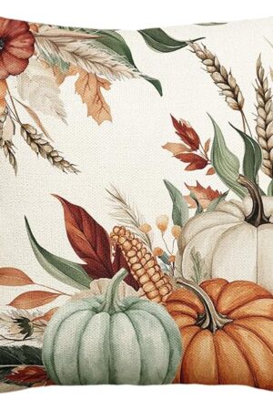 AVOIN colorlife Fall Pumpkin Leaves Wheat Corn Pillow Cover, 18 x 18 Inch Seasonal Thanksgiving Harvest Cushion Case Decoration for Sofa Couch