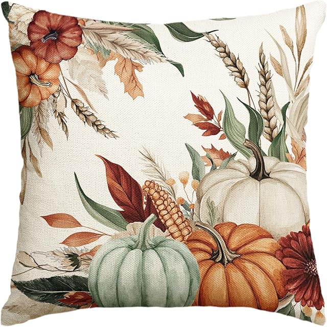 AVOIN colorlife Fall Pumpkin Leaves Wheat Corn Pillow Cover, 18 x 18 Inch Seasonal Thanksgiving Harvest Cushion Case Decoration for Sofa Couch
