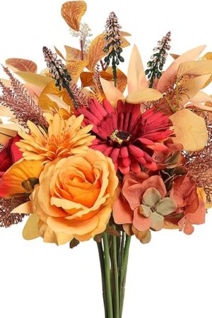 Artificial Fall Flowers Bouquet for Decoration, Fall Fake Silk Flower Arrangements Faux Autumn Flowers Fall Decorations for Home Indoor Office Wedding Bride Bouquets Tables Centerpieces Fall Decor
