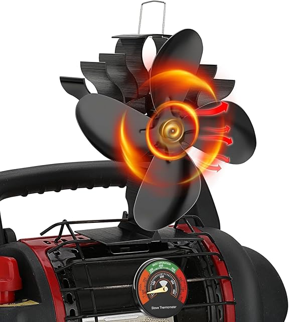 XTIMES Wood Stove Fan Heat Powered Fireplace Fan with Magnetic Thermometer Thermoelectric Fan for Wood Burning Stove/Pellet/Log Burner