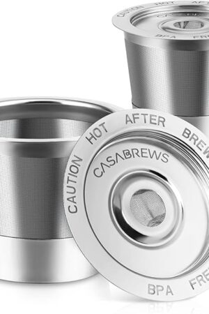 CASABREWS CASKF02 Reusable K Cup Filters, 2 Pack Stainless Steel Refillable Coffee Pods for Keurig 1.0 Brewers, Universal Fit, Eco-Friendly & BPA-Free