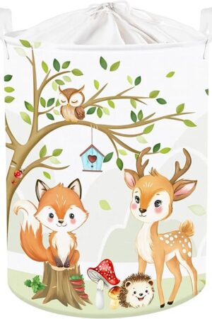 Clastyle 45L Large Forest Animal Kid Laundry Hamper with Handle for Boy Girl Collapsible White Fox Clothes Toy Storage Basket with Lid for Nursery