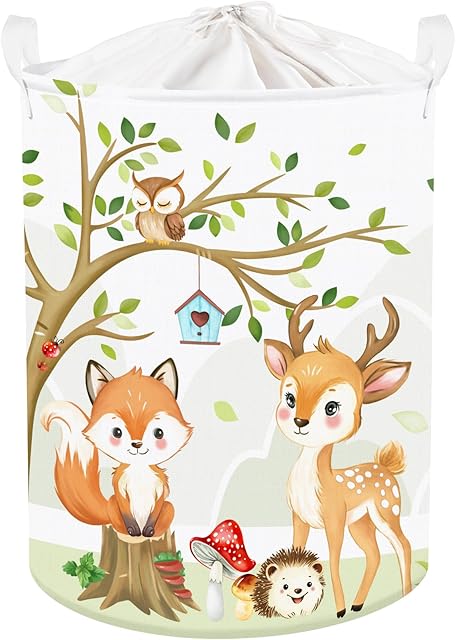 Clastyle 45L Large Forest Animal Kid Laundry Hamper with Handle for Boy Girl Collapsible White Fox Clothes Toy Storage Basket with Lid for Nursery
