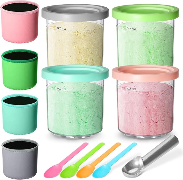 Containers Replacement for Ninja Creami Pints and Lids, 16oz Ice Cream Cups Compatible with Ninja Creami NC299AMZ NC300s Series Maker, for Ninja Ice Cream with Insulated Sleeves(4 Pack)