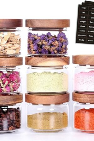 8 Pcs Spice Containers - 8.5oz Glass Spice Jars With Acacia Airtight Lid and Labels - Stackable Empty Round Spice Bottles for kitchen Seasoning, coffee bean, tea, suger, herbs