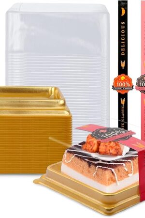 50 Pcs 3.5 Inch Mini Cake Box, Clear Plastic Cupcake Container for Muffins, Cookies, Mooncakes - Small Single Dessert Holder for Wedding, Birthday - Bonus 50 Pcs Gold Stickers