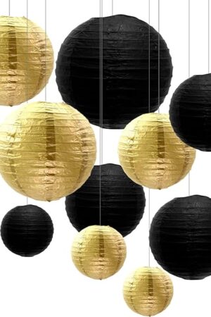 ZOOYOO 10pcs Paper Lanterns,Black Gold Round Hanging Paper Lanterns Decorations for Graduation,Anniversary,New Year,Farewell,Retirement,Birthday Party,Graden Decor
