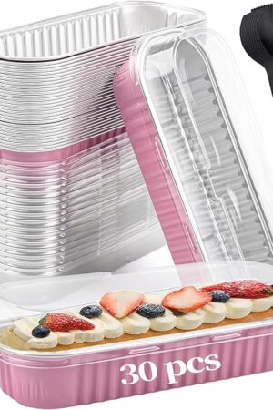 30 PCS Mini Cake Pans with Lids and Spoons,Mini Loaf Pans with Lids 6.8 oz, With individually wrapped spoons，Aluminum foil Baking containe