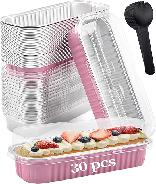 30 PCS Mini Cake Pans with Lids and Spoons,Mini Loaf Pans with Lids 6.8 oz, With individually wrapped spoons,Aluminum foil Baking containe