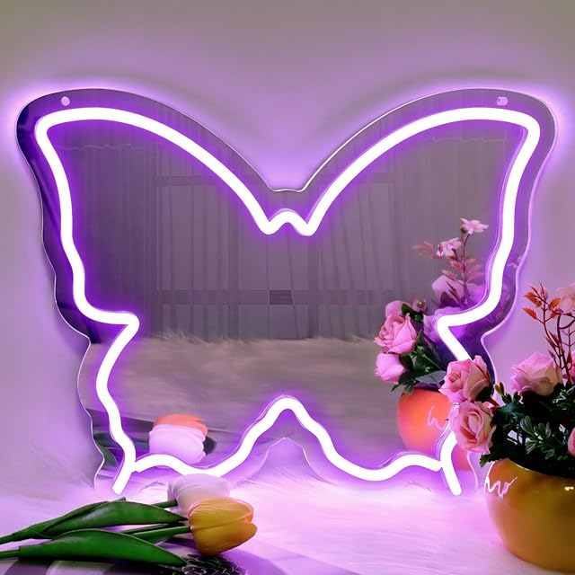 Butterfly Neon Sign Mirror, LED Neon Sign for Wall Decor, 15.7'' x 12'' Dimmable Neon Light for Teen Girls & Kids Birthday Party Gift, Neon Sign for Girl Room Decor, Wall Mirror, USB Powered (Purple)