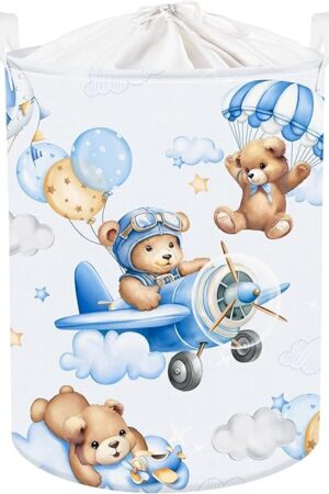Clastyle 45L Large Blue Bear Pilot Kid Boy Girl Laundry Hamper with Handle Collapsible Balloon Clothes Toy Storage Basket with Lid for Nursery