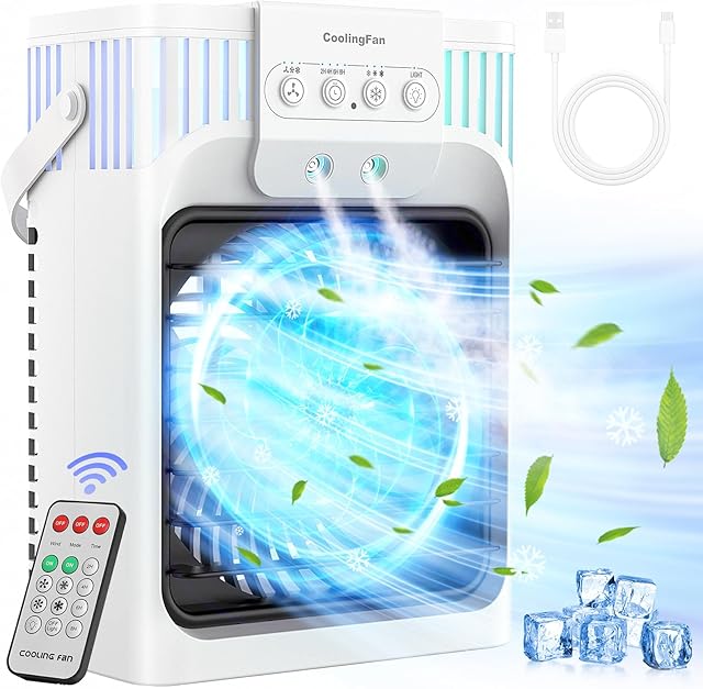 Portable Air Conditioner Cooling Fan with Remote, Quiet with 3 Speeds, 1200ml Evaporative Personal Air Cooler Fan with 3 Mist, 7 Night Light, 8H Timer, Small Air Conditioner for Bedroom Office