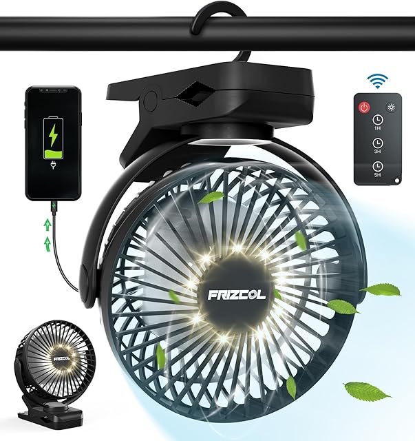 Clip on Battery Operated Camping Fan with LED Lights, USB Rechargeable