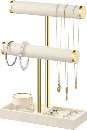 2 Tier Bracelet Holder Display - Detachable T Bar Beige Velvet Bracelet Holder, Jewelry Holder Organizer for Bracelet, Necklace, Earrings, Rings