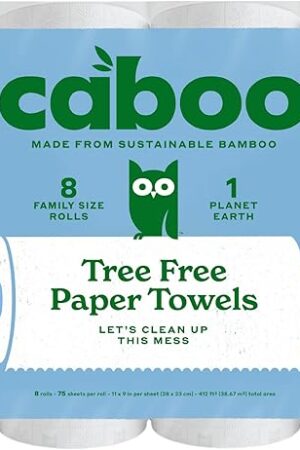 Caboo Tree Free Paper Towels, 8 Rolls, Earth Friendly Sustainable Kitchen Paper Towels with Strong 2 Ply