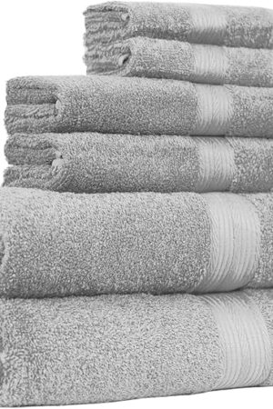 Amazon Basics 6 Piece Oversized Fade resistant Towel set, 100% Cotton towels for bathroom, soft and absorbent, 2 Bath Towels, 2 Hand Towels and 2 Washcloths bathroom towel set, Gray