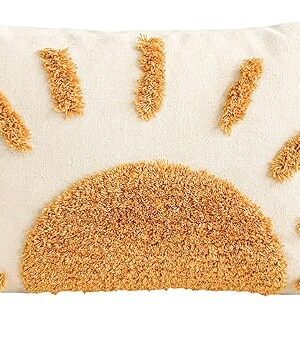 Zealax Lumbar Decorative Boho Throw Pillow Cover 12x20 Inch for Couch Living Room Outdoor, Sun Tufted Pillow Covers with Tassels Cushion Case, Rustic Farmhouse Home Decor (No Pillow Insert, 1Pc)
