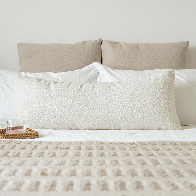 14x36 inch Boucle Lumbar Pillow Cover, Cream Woven Texture Neutral Long Pillow Cover Breathable Cushion Case for Couch Sofa Bed Living Room Home Decor (Cover Only)