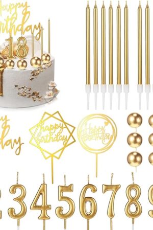 Yerliker 34 Pcs Happy Birthday Cake Toppers Decorations Birthday Candles DIY Cake Decor for Men Women Wedding Anniversary(Gold)