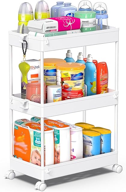 SPACEKEEPER Storage Rolling Cart, 3 Tier Laundry Room Organization Utility Cart Bathroom Organizer Mobile Shelving Unit Shelves Multi-Functional Trolley, White