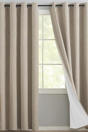 Yakamok Natural Linen Curtains 100% Blackout 84 Inches Long,Room Darkening Textured Curtains for Living Room Thermal Grommet Bedroom Curtains 2 Panels with Greyish White Liner