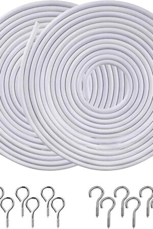 [2 Pack] Pinowu White Curtain Wire, Plastic Coated Window Curtain Wire, Picture Hanging Wire with 8 Pairs of Screw Eyes and Hooks