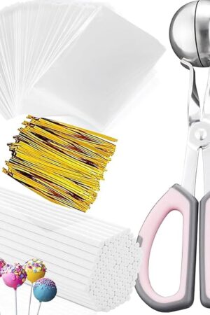 6 inch Cake Pop Sticks and Wrappers Kit Including 6 inch Paper Lollipop Sticks, Candy Treat Bags, Twist Ties and Meat Baller with Handles Cake Pops Supplies for Lollipop,Candies
