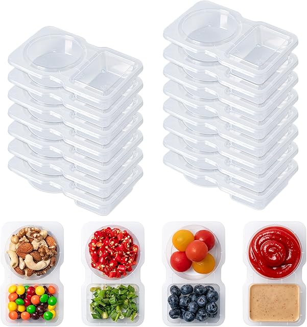 15 Set Reusable Snack Containers with Lids, 2-Compartment Leakproof Sauces Dipping Containers, On-the-Go Snack Pack Containers for Kids and Adults, BPA-Free